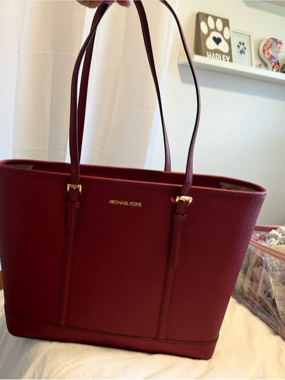 Michael Kors Dark Cherry Leather Tote with Gold Hardware
